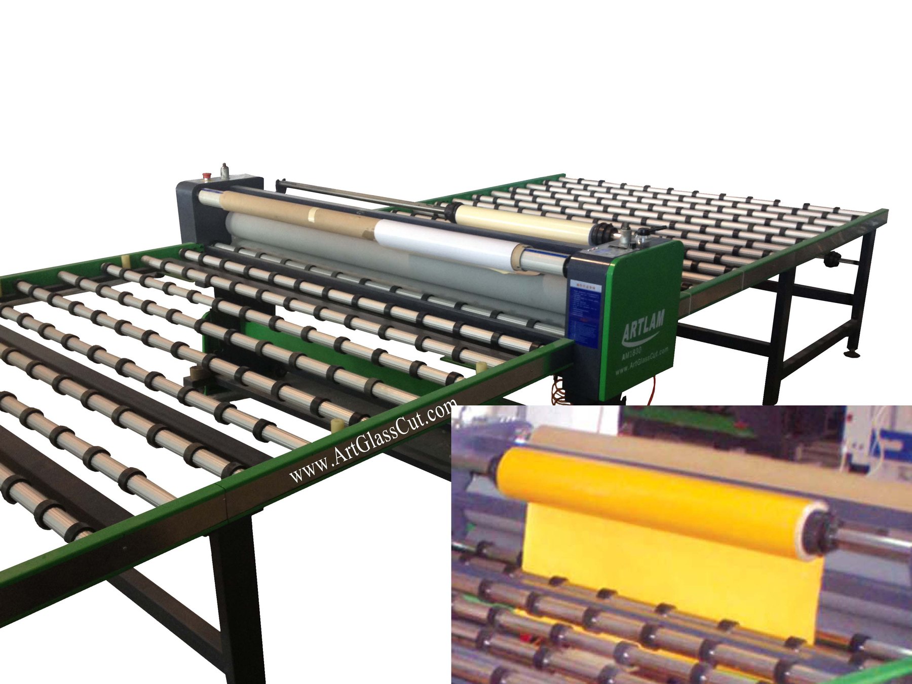 Flatbed glass film laminating machine with heated rollers