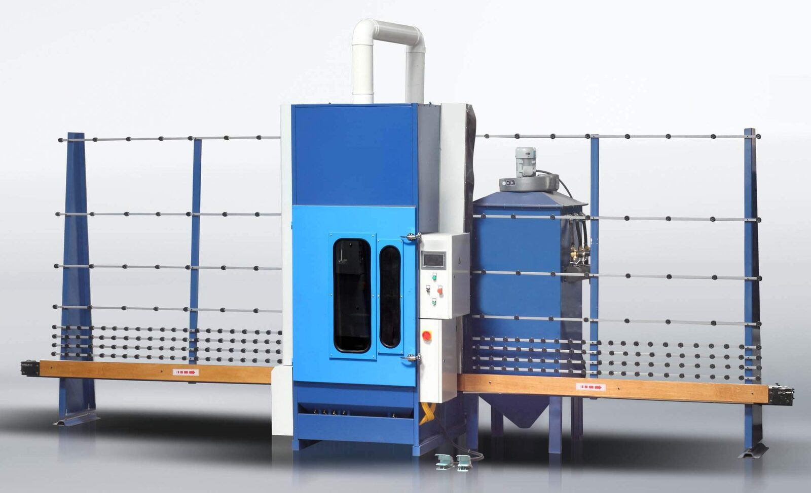 Automatic glass sandblasting machine with infeed and outfeed conveyor rails and cartridge dust collector